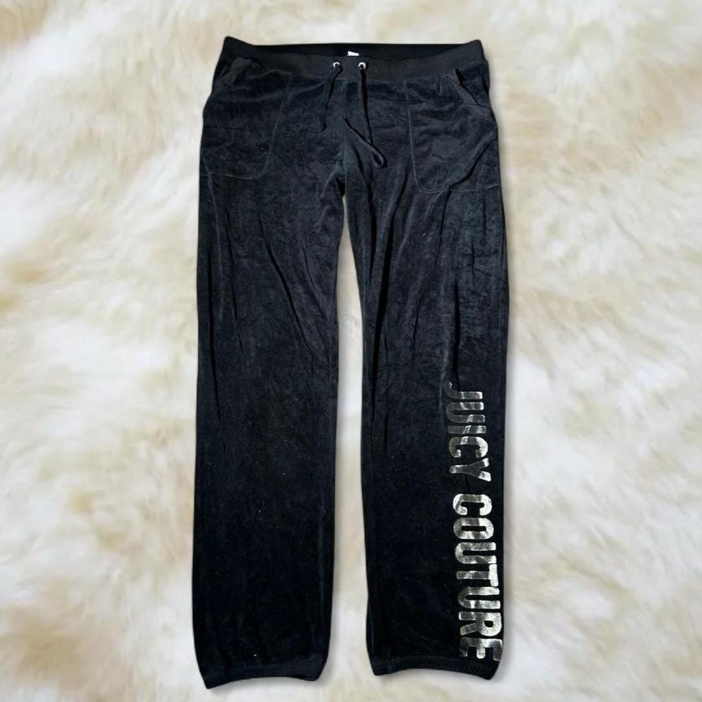 Juicy Couture Velour Track Pants Black Y2K Low Rise Large Logo Lounge Pants